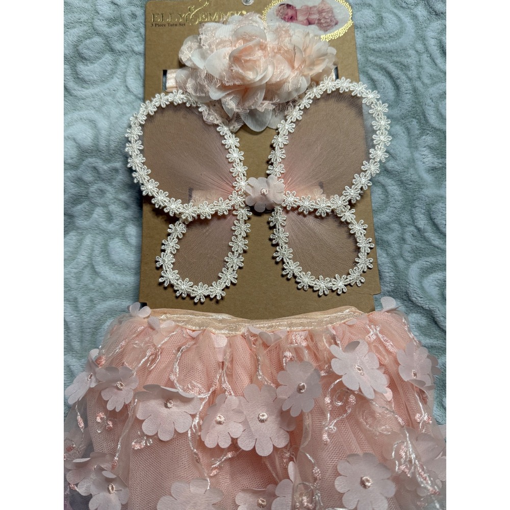 Elly & Emmy Baby 3 Piece Tutu Set Blush Pink Floral Butterfly Wings Headband NEW
